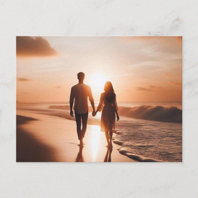 Young couple walking the beach at sunset postcard (Front)