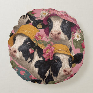 Young Cows Wearing Spring Hats In Strawberry Field Round Pillow
