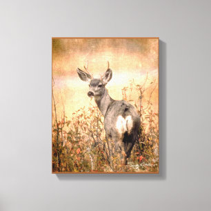 Young Deer in Wildflowers with Grungy Texture Art Canvas Print