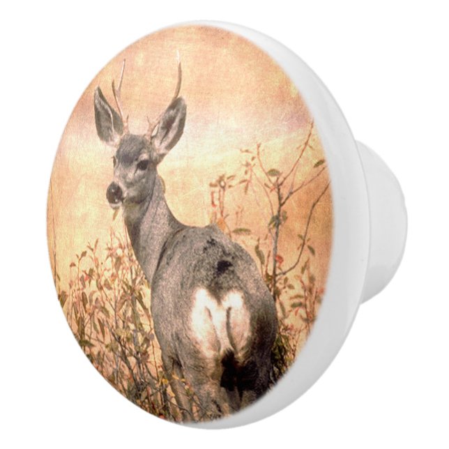 Young Deer in Wildflowers with Grungy Texture Art Ceramic Knob (Right)