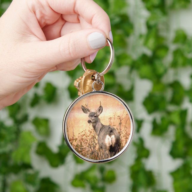 Young Deer in Wildflowers with Grungy Texture Art Keychain (Hand)