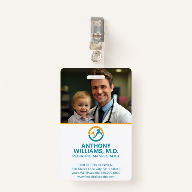 Young Doctor Holding Smiling Child Badge (Front with Clip)