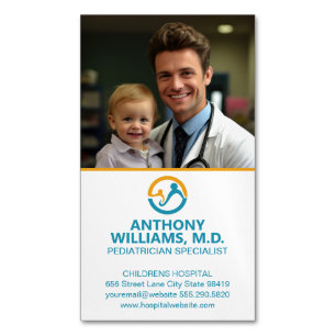Young Doctor Holding Smiling Child Magnetic Business Card