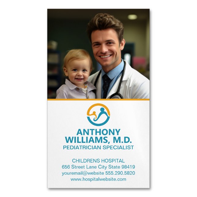 Young Doctor Holding Smiling Child Magnetic Business Card (Front Vertical)