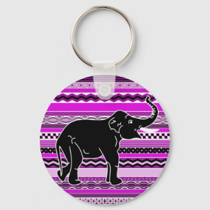 Young Elephant Silhouette on Purple Patterned Keychain