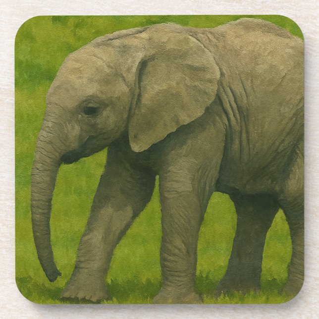 Young Elephant with Guardian in Grassy Reserve Coaster (Front)