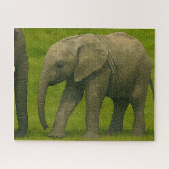 Young Elephant with Guardian in Grassy Reserve Jigsaw Puzzle (Horizontal)
