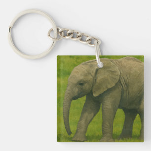 Young Elephant with Guardian in Grassy Reserve Keychain