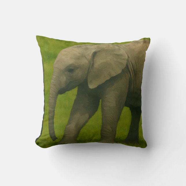 Young Elephant with Guardian in Grassy Reserve Throw Pillow (Front)