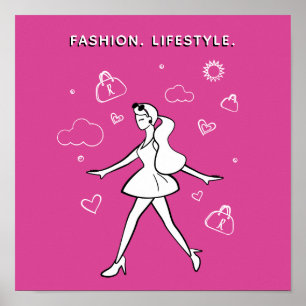 Young Fashion Girl - Sketch in Black, White & Pink Poster