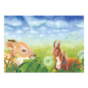 Young Fawn and Squirrel on Spring Meadow Photo Print