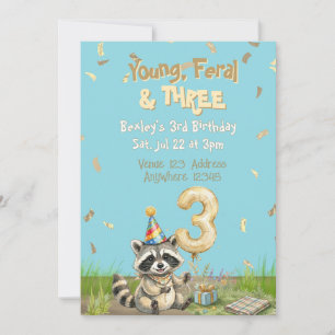 Young Feral & Three, Gold, Raccoon 3rd Birthday Invitation