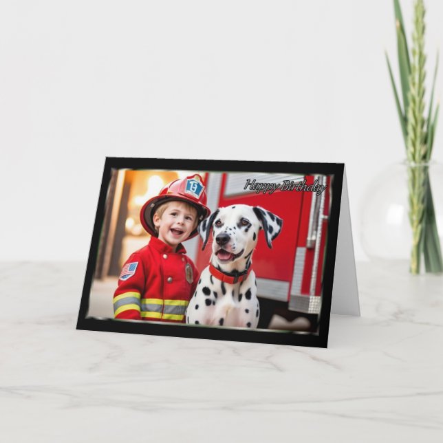 Young Fireman and Dalmatian Boy's Birthday Card (Front)