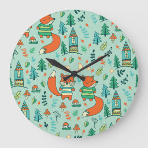 Young Foxes: Children's Seamless Pattern. Large Clock