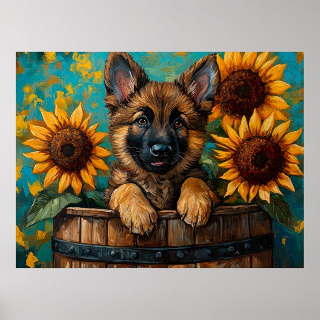 Young German Shepherd in a barrel Poster (Front)