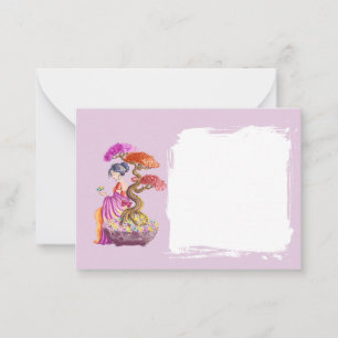 Young girl and bonsai for correspondence. card