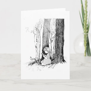 Young girl and dog, picking flowers-simpler times thank you card
