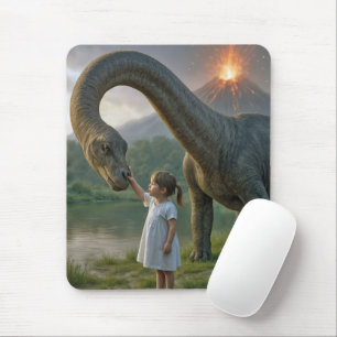 Young Girl Befriending a Dinosaur Mouse Pad