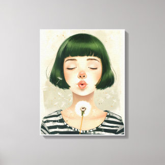 young girl blowing dandelion with closed eyed canvas print