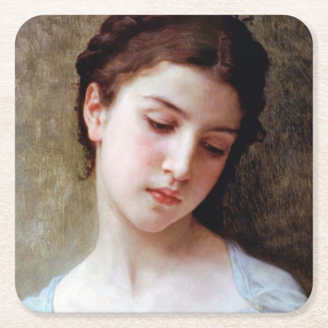 Young Girl, Bouguereau Square Paper Coaster (Front)