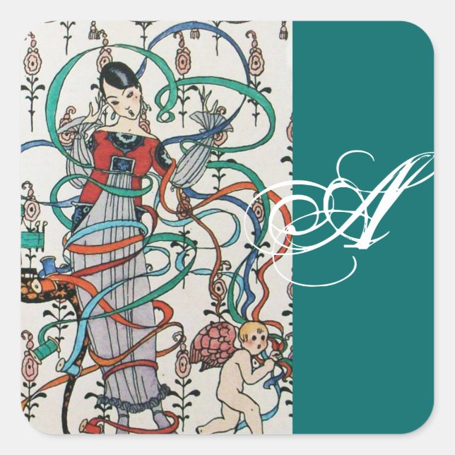 YOUNG GIRL ,COLORFUL RIBBON SWIRLS, CUPID MONOGRAM SQUARE STICKER (Front)