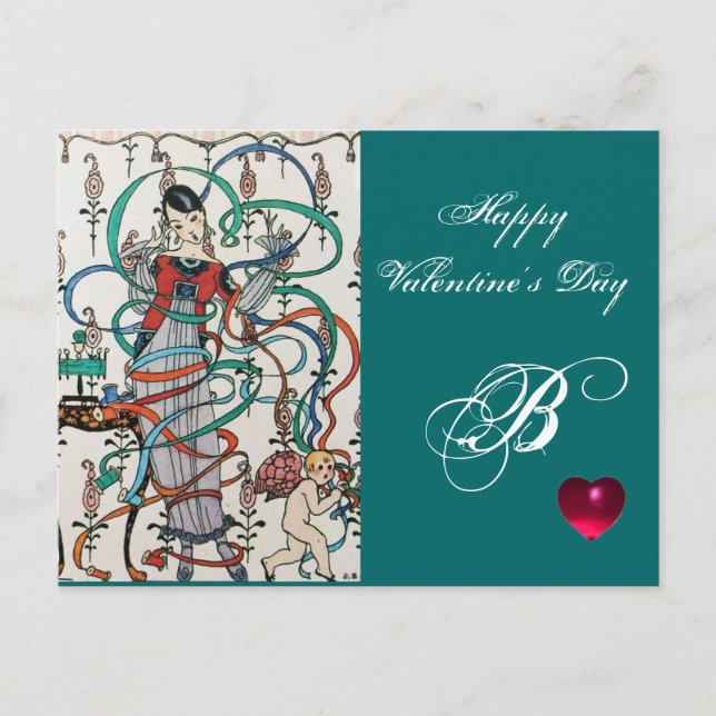 YOUNG GIRL,COLORFUL RIBBON SWIRLS,CUPID Valentine Holiday Postcard (Front)