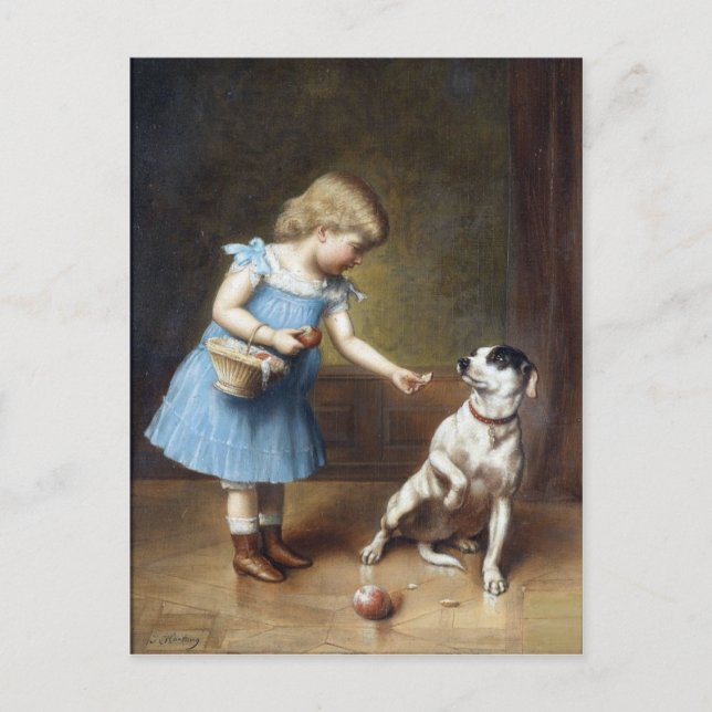 Young Girl Feeding A Dog By Carl Reichert Postcard (Front)