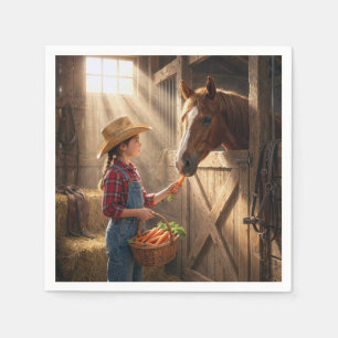 Young Girl Feeding a Horse Carrots Napkin
