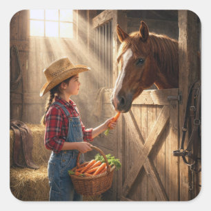 Young Girl Feeding a Horse Carrots Square Sticker