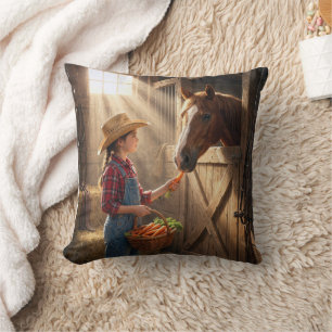 Young Girl Feeding a Horse Carrots Throw Pillow