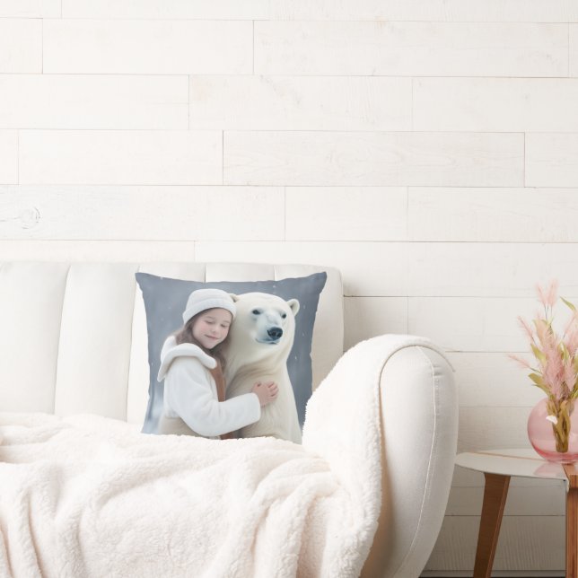Young Girl Hugging a Polar Bear Throw Pillow (Couch)