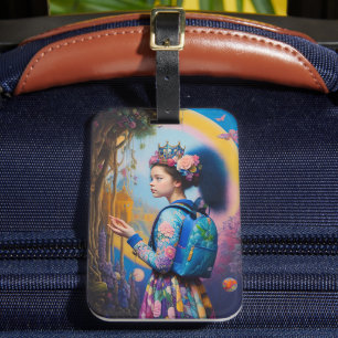 Young girl in forest with backpack luggage tag