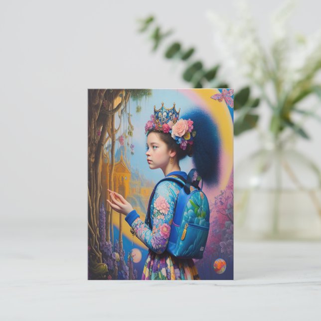 Young girl in forest with backpack postcard (Standing Front)