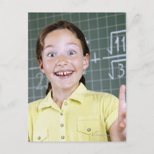 young girl in front of blackboard having idea postcard