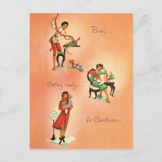 Young girl is getting ready for Christmas, vintage Postcard