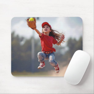 Young Girl Jumping To Catch a Softball Mouse Pad