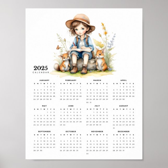 Young Girl Reading a Book to Rabbits 2025 Calendar Poster (Front)