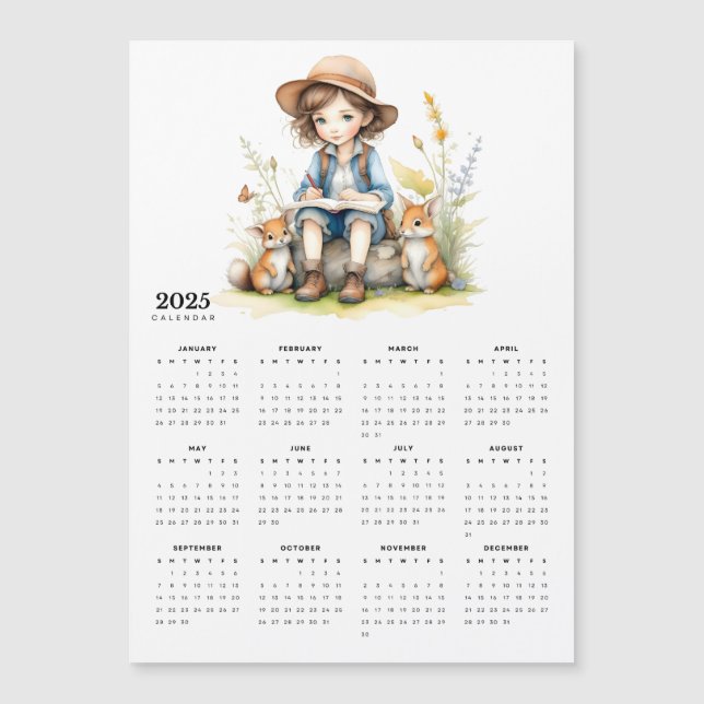 Young Girl Reading Book Rabbits Magnetic Calendar (Front)