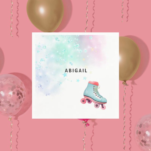 Young Girl Roller Skating Turquoise Birthday Party Napkin (Creator Uploaded)
