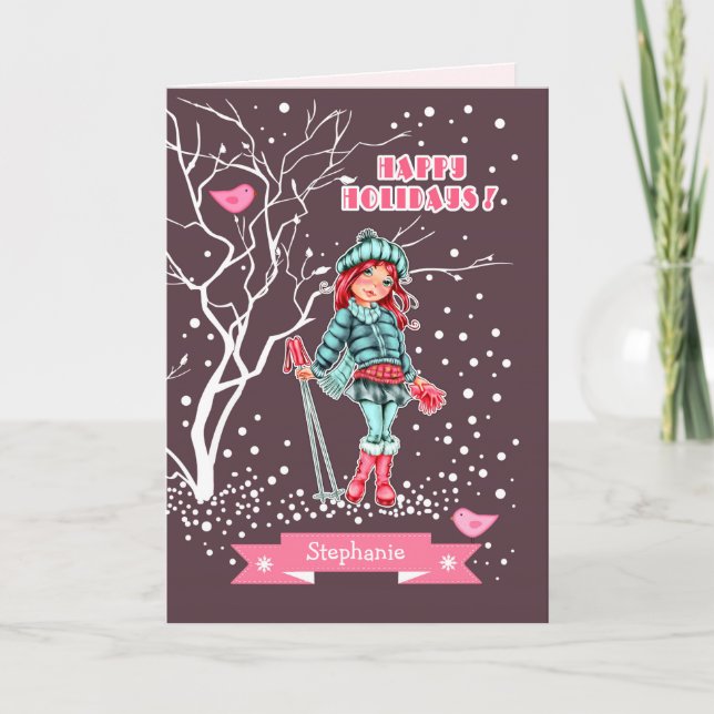 Young Girl Skier | Custom Name Christmas  Holiday Card (Front)