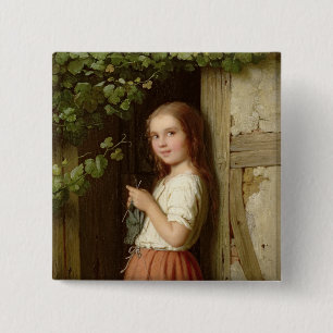 Young Girl Standing in a Doorway Knitting, 1863 2 Inch Square Button