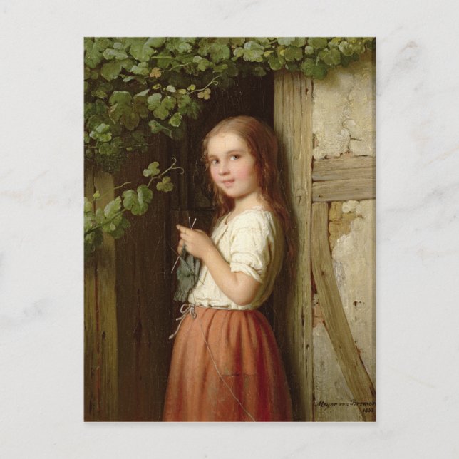 Young Girl Standing in a Doorway Knitting, 1863 Postcard (Front)