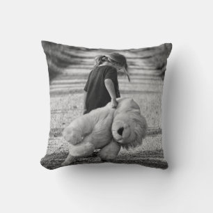 Young Girl Walking alone with her Bear Throw Pillow