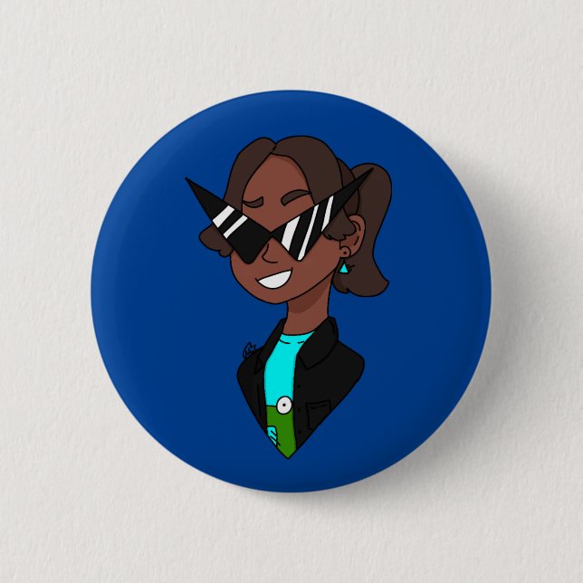 young girl wearing 80's geometric glasses 2 inch round button (Front)