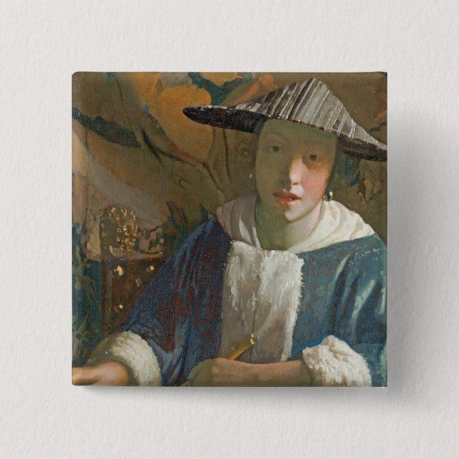 Young Girl with a Flute, c.1665-70 2 Inch Square Button (Front)