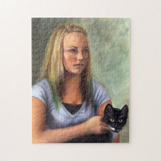 Young girl with black cat Puzzle