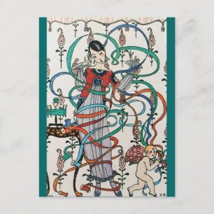 YOUNG GIRL WITH COLORFUL RIBBON SWIRLS AND CUPID POSTCARD