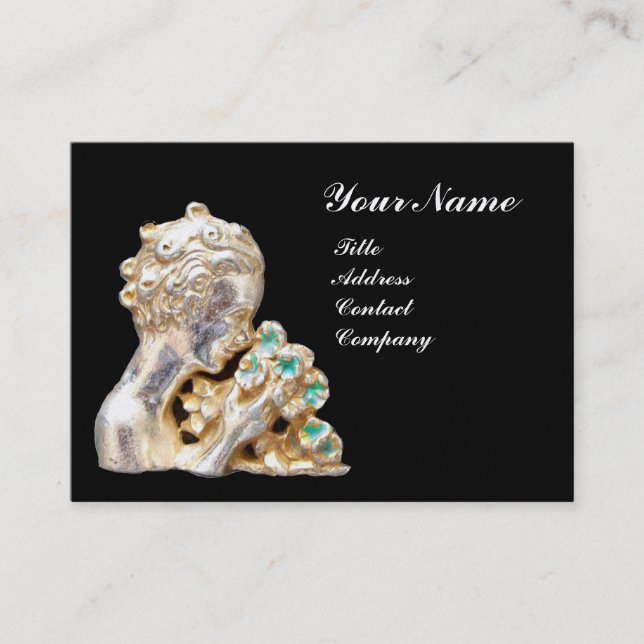 YOUNG GIRL WITH FLOWERS MONOGRAM Gold, Black,Blue Business Card (Front)