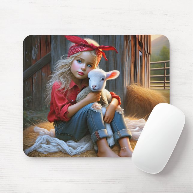 Young Girl With Newborn Lamb Mouse Pad (With Mouse)