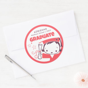 Young Girls Cute Coral Pink Cartoon Grad Thank You Classic Round Sticker